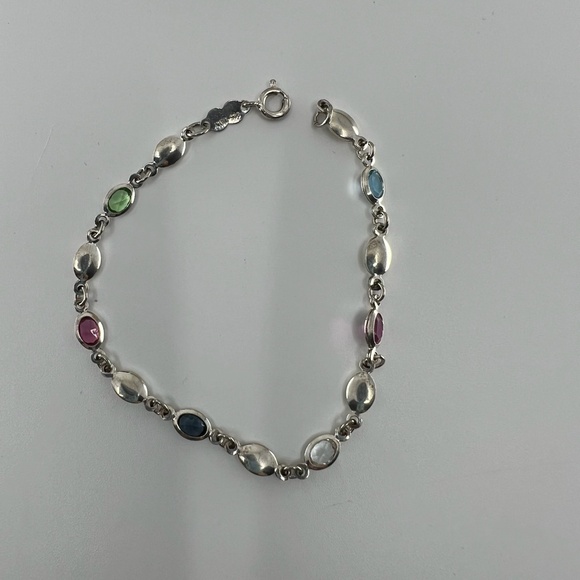 Vintage Italian Sterling Silver And Multicolor Stone Link Bracelet 7 1/4" - Picture 5 of 10
